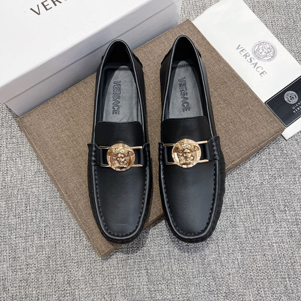 Versace Men's Black Gold-Tone Hardware Loafers - Rubber Outsole
